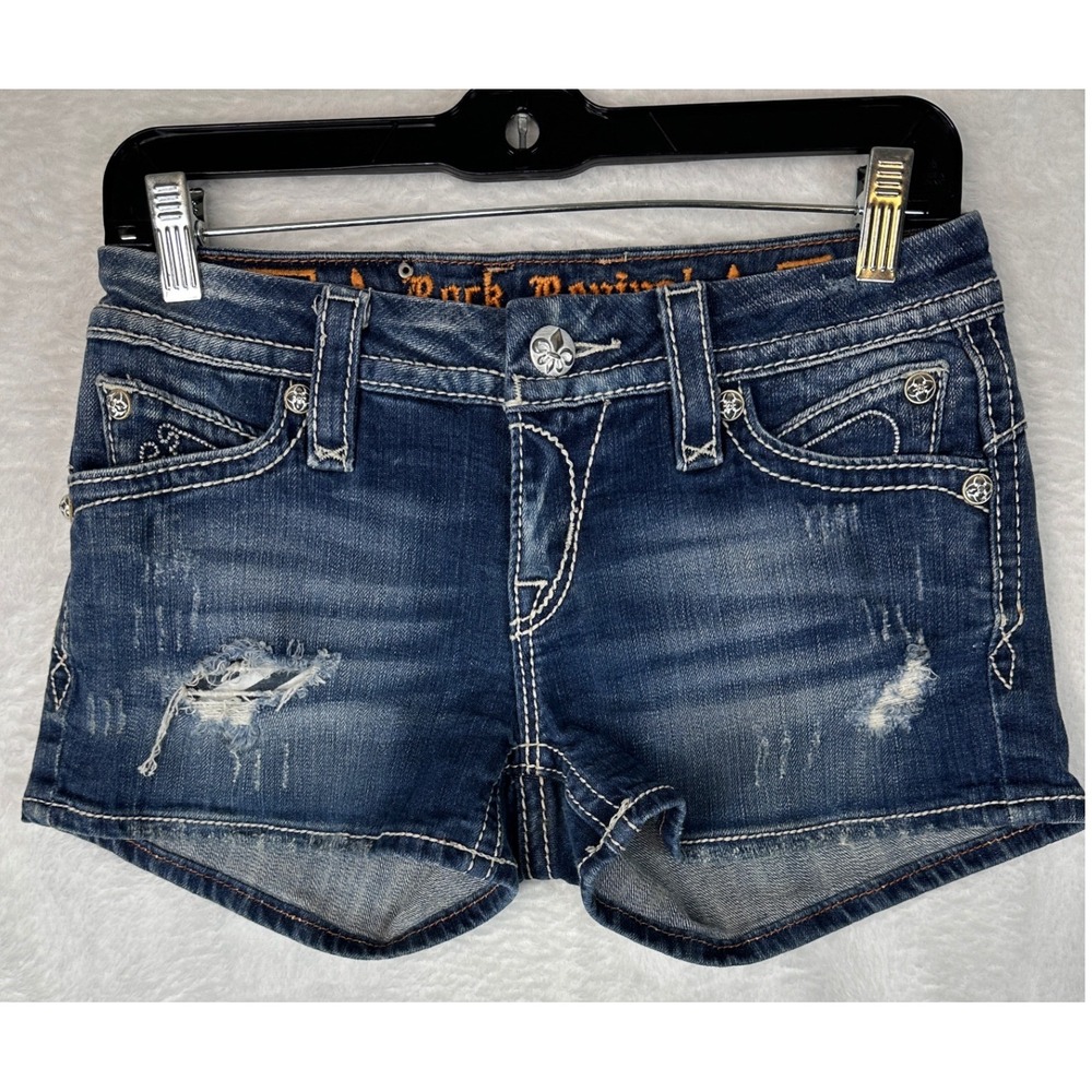 Rock Revival Denim Shorts Womens 27 Blue Distressed Fleur De Lis Flap Pocket